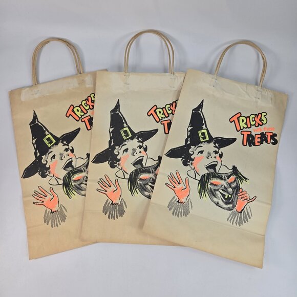 Vintage 1940s Halloween Paper Bags Trick or Treat Witch Skeleton Lot of 3 - Picture 2 of 8